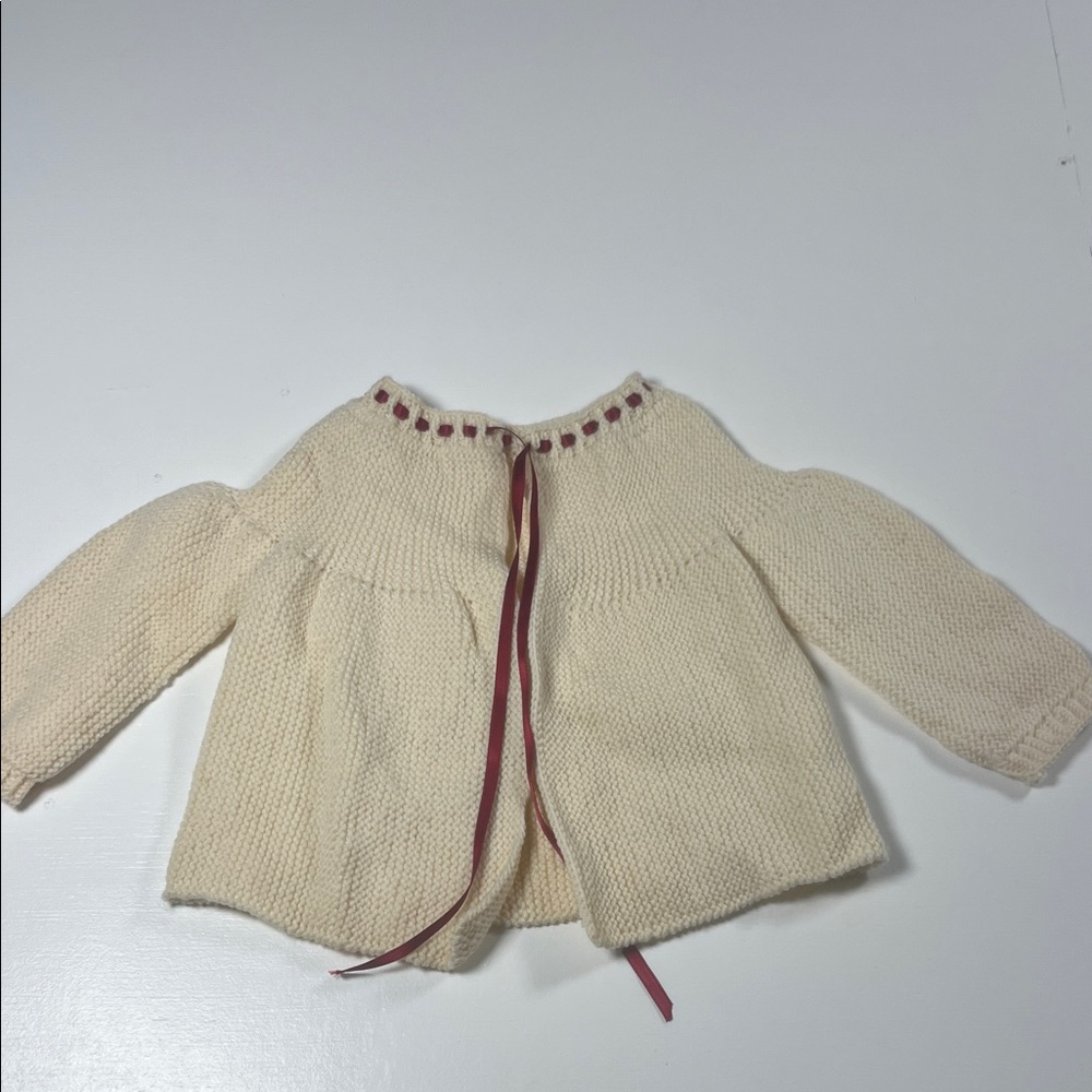 Vintage Handmade Cream Knit Baby Cardigan w Burgundy Ribbon About 3-6 mos